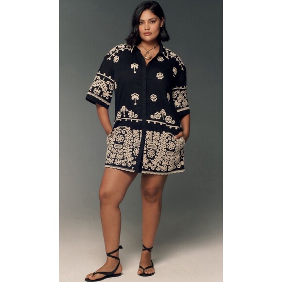 Anthropologie Maeve Mini Shirt Dress Black Embroidery Boho Retro Preppy Sz S NWT - Picture 6 of 13